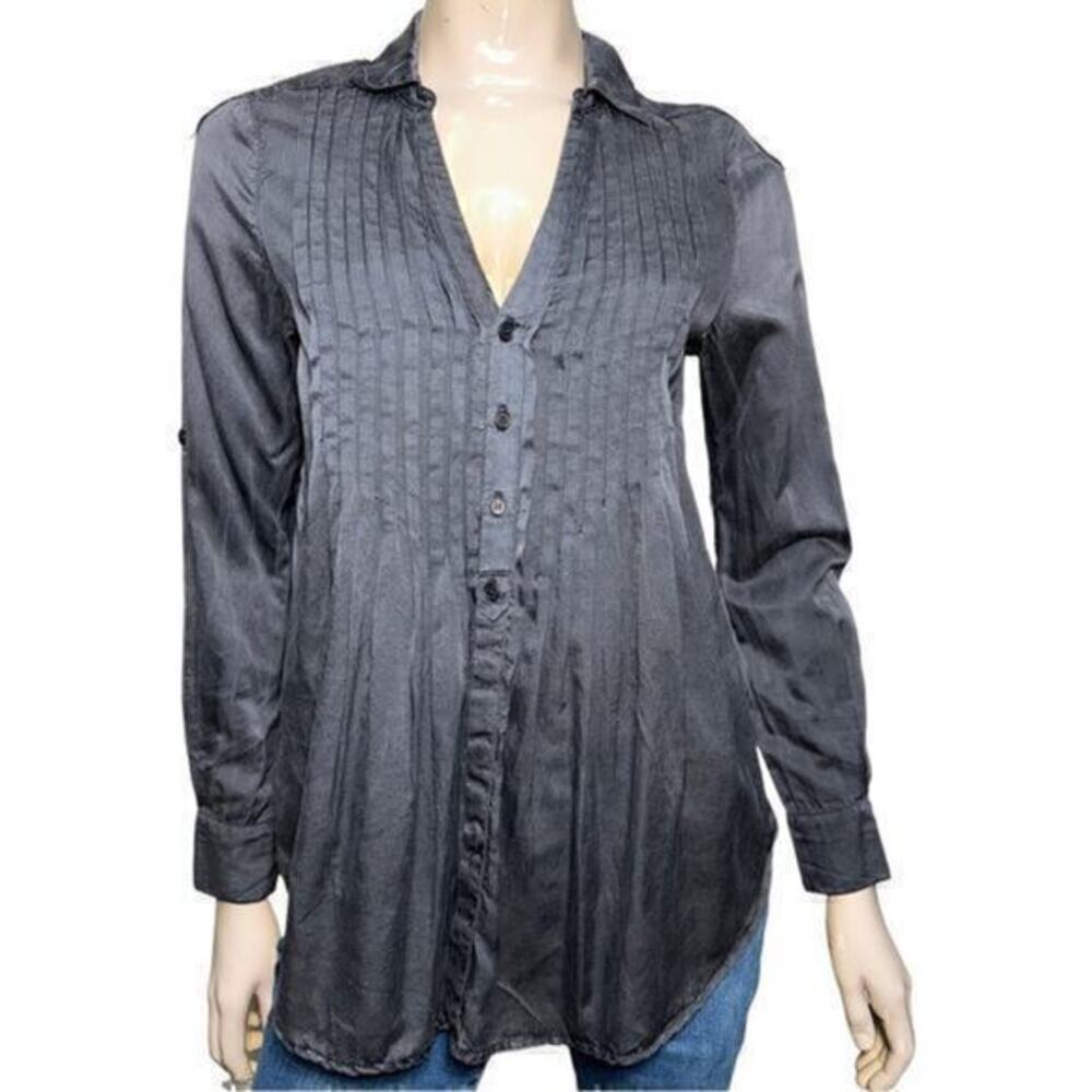 CP Shades Womens Size XS Black Cotton Silk Pin Tuck Front Back Button Down Shirt
